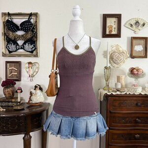 fairy grunge boho whimsical purple textured stretchy spandex cami w green trim